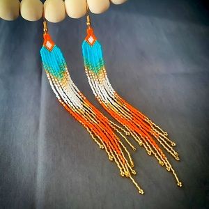 Long shoulder length beaded fringe earrings 18k gold Miami Dolphins colors 💙🧡